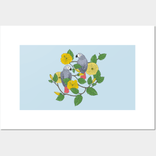 African Grey Parrots and Yellow Flowers Posters and Art